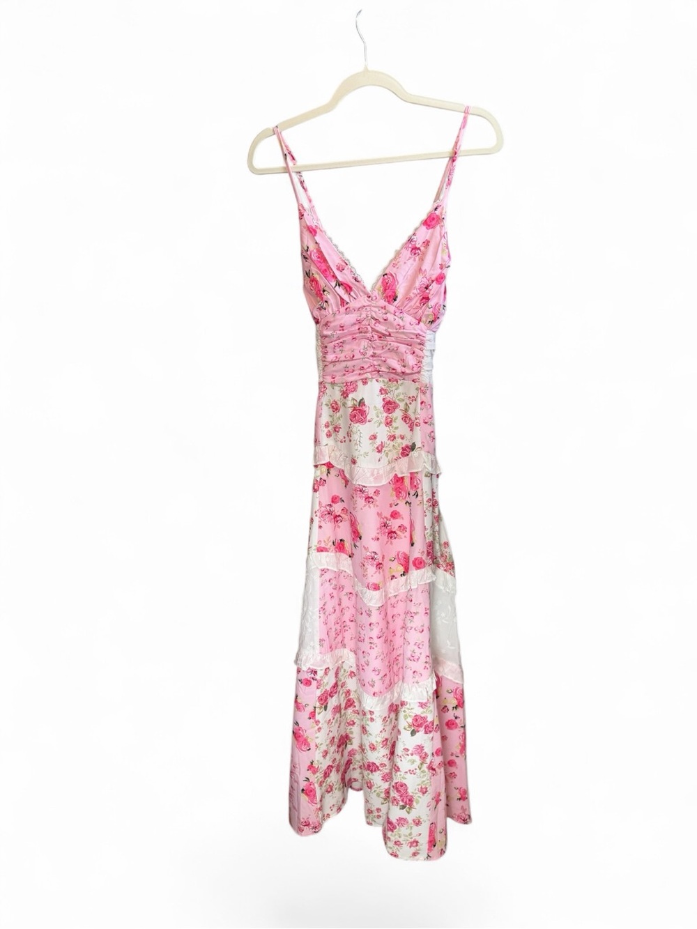 Pink Floral Tiered Maxi Dress with Lace Panels